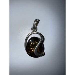 Vintage Flecked Baltic Amber Sterling‎ Silver Modernist Pendant